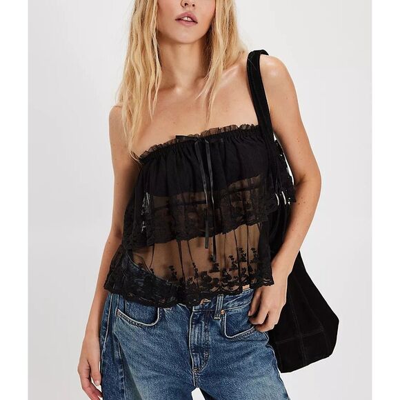 Free People Love You So Lace Tube Top Sheer Embroidered Tiered Ruffle M 283779 - Picture 1 of 8